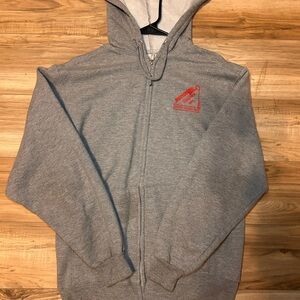 Gray Zip-Up Hoodie with Red Logo